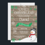 Rustic Winter Onederland 1st Birthday Invitation<br><div class="desc">Rustic Winter Onederland Snowman 1st Birthday Invitation. Baby Boy or Girl. Green and White Snowflake. First Birthday. Boy or Girl 1st Bday Invite. Rustic Wood Background. For further customisation,  please click the "Customise it" button and use our design tool to modify this template.</div>