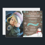 Rustic Winter Onederland 1st Birthday Invitation<br><div class="desc">Rustic Winter Onederland Snowman 1st Birthday Invitation with custom photo. Baby Boy or Girl. Aqua Teal Turquoise and White Snowflake. First Birthday. Boy or Girl 1st Bday Invite. Rustic Wood Background. For further customisation,  please click the "Customise it" button and use our design tool to modify this template. 㐰</div>