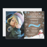 Rustic Winter Onederland 1st Birthday Invitation<br><div class="desc">Rustic Winter Onederland Snowman 1st Birthday Invitation with custom photo. Baby Boy. Blue and White Snowflake. First Birthday. Boy 1st Bday Invite. Rustic Wood Background. For further customisation,  please click the "Customise it" button and use our design tool to modify this template.</div>