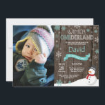 Rustic Winter Onederland 1st Birthday Invitation<br><div class="desc">Rustic Winter Onederland 1st Birthday Invitation with custom photo. Snowman. Aqua Teal Turquoise and White Snowflake. First Birthday. Boy or Girl 1st Bday Invite. Rustic Wood Background. For further customisation,  please click the "Customise it" button and use our design tool to modify this template.</div>