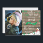 Rustic Winter Onederland 1st Birthday Invitation<br><div class="desc">Rustic Winter Onederland 1st Birthday Invitation with custom photo. Snowman and Penguin. Green and White Snowflake. First Birthday. Boy or Girl 1st Bday Invite. Rustic Wood Background. Black and White. For further customisation,  please click the "Customise it" button and use our design tool to modify this template.</div>