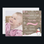 Rustic Winter Onederland 1st Birthday Invitation<br><div class="desc">Rustic Winter Onederland 1st Birthday Invitation with custom photo. Snowman. Pink and White Snowflake. First Birthday. Girl 1st Bday Invite. Rustic Wood Background. Black and White. For further customisation,  please click the "Customise it" button and use our design tool to modify this template.</div>