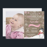 Rustic Winter Onederland 1st Birthday Invitation<br><div class="desc">Rustic Winter Onederland Snowman 1st Birthday Invitation with custom photo. Baby Girl. Pink and White Snowflake. First Birthday. Girl 1st Bday Invite. Rustic Wood Background. For further customisation,  please click the "Customise it" button and use our design tool to modify this template.</div>