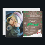 Rustic Winter Onederland 1st Birthday Invitation<br><div class="desc">Rustic Winter Onederland 1st Birthday Invitation with custom photo. Snowman. Green and White Snowflake. First Birthday. Boy or Girl 1st Bday Invite. Rustic Wood Background. For further customisation,  please click the "Customise it" button and use our design tool to modify this template.</div>