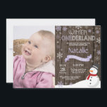 Rustic Winter Onederland 1st Birthday Invitation<br><div class="desc">Rustic Winter Onederland Snowman 1st Birthday Invitation with custom photo. Baby Girl. Purple Lilac Lavender and White Snowflake. First Birthday. Girl 1st Bday Invite. Rustic Wood Background. For further customisation,  please click the "Customise it" button and use our design tool to modify this template.</div>