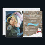 Rustic Winter Onederland 1st Birthday Invitation<br><div class="desc">Rustic Winter Onederland Snowman 1st Birthday Invitation with custom photo. Baby Boy. Blue and White Snowflake. First Birthday. Boy 1st Bday Invite. Rustic Wood Background. For further customisation,  please click the "Customise it" button and use our design tool to modify this template.</div>