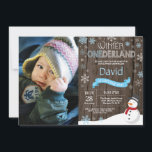 Rustic Winter Onederland 1st Birthday Invitation<br><div class="desc">Rustic Winter Onederland 1st Birthday Invitation with custom photo. Snowman. Blue and White Snowflake. First Birthday. Boy 1st Bday Invite. Rustic Wood Background. For further customisation,  please click the "Customise it" button and use our design tool to modify this template.</div>