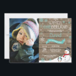 Rustic Winter Onederland 1st Birthday Invitation<br><div class="desc">Rustic Winter Onederland 1st Birthday Invitation with custom photo. Snowman and Penguin. Aqua Teal Turquoise and White Snowflake. First Birthday. Boy or Girl 1st Bday Invite. Rustic Wood Background. Black and White. For further customisation,  please click the "Customise it" button and use our design tool to modify this template.</div>