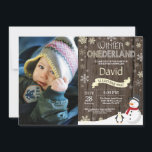 Rustic Winter Onederland 1st Birthday Invitation<br><div class="desc">Rustic Winter Onederland 1st Birthday Invitation with custom photo. Snowman and Penguin. Yellow and White Snowflake. First Birthday. Boy or Girl 1st Bday Invite. Rustic Wood Background. Black and White. For further customisation,  please click the "Customise it" button and use our design tool to modify this template.</div>