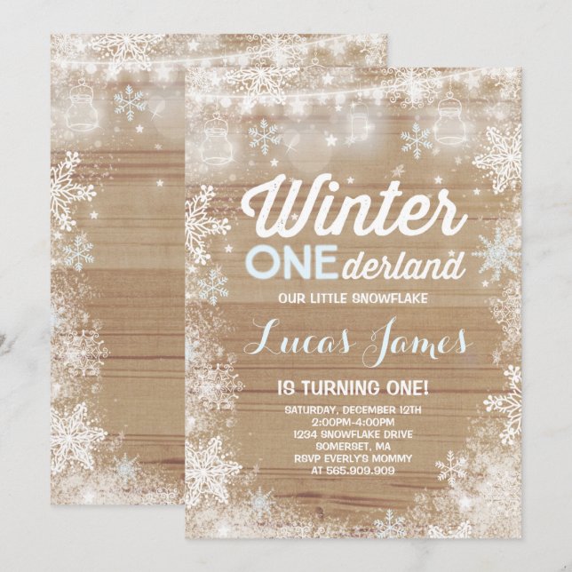 Rustic Winter ONEderland Birthday Invitation Blue (Front/Back)
