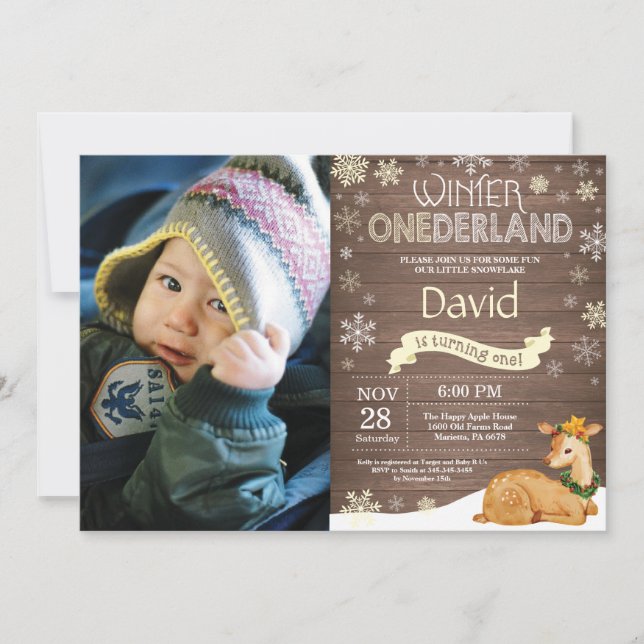 Rustic Winter Onederland Deer 1st Birthday Invitation (Front)