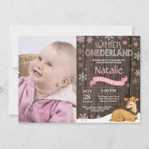 Rustic Winter Onederland Deer 1st Birthday Invitation