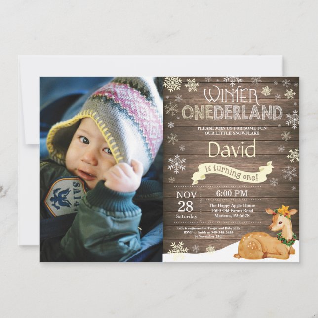 Rustic Winter Onederland Deer 1st Birthday Invitation (Front)