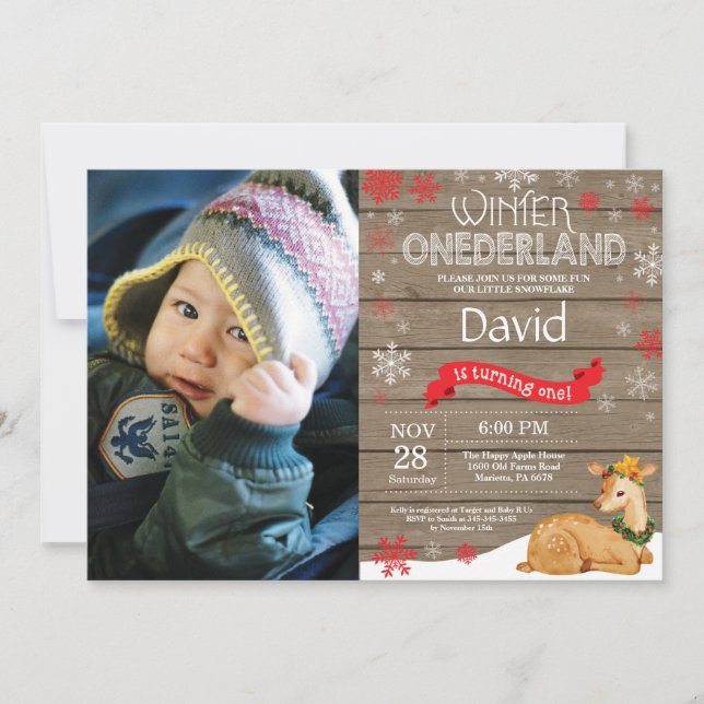 Rustic Winter Onederland Deer 1st Birthday Invitation (Front)