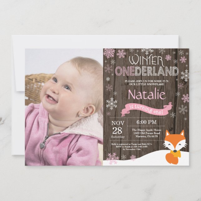 Rustic Winter Onederland Fox 1st Birthday Invitation (Front)