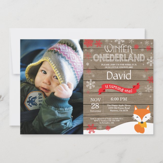 Rustic Winter Onederland Fox 1st Birthday Invitation (Front)
