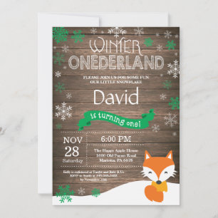 Rustic Winter Onederland Fox 1st Birthday Invitation
