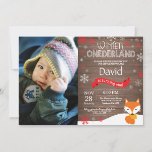 Rustic Winter Onederland Fox 1st Birthday Invitation