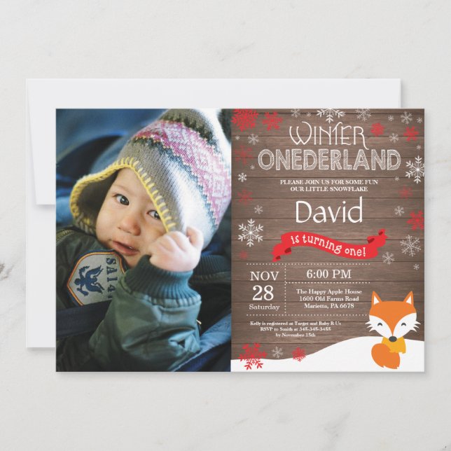 Rustic Winter Onederland Fox 1st Birthday Invitation (Front)
