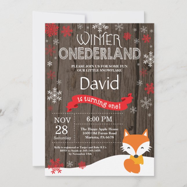 Rustic Winter Onederland Fox 1st Birthday Invitation (Front)