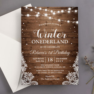 Rustic Winter ONEderland Lace Baby First Birthday Invitation