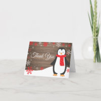Rustic Winter Penguin Red Snowflake