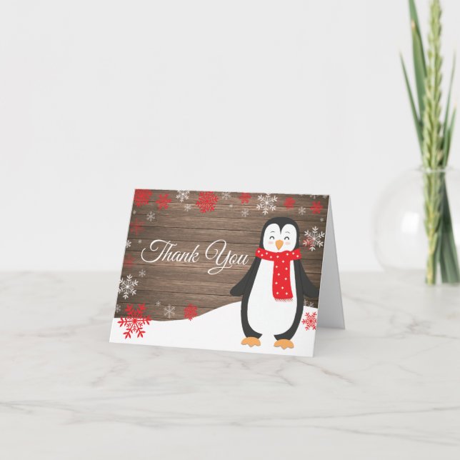 Rustic Winter Penguin Red Snowflake Thank You Card (Front)
