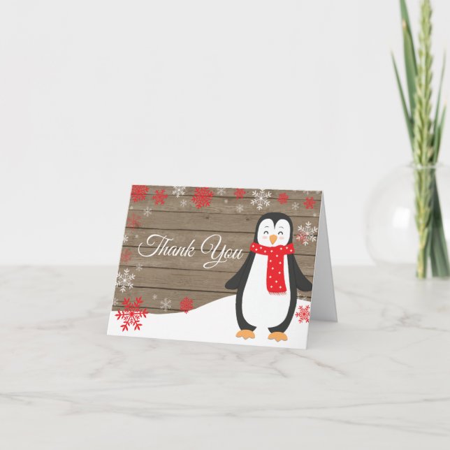 Rustic Winter Penguin Red Snowflake Thank You Card (Front)