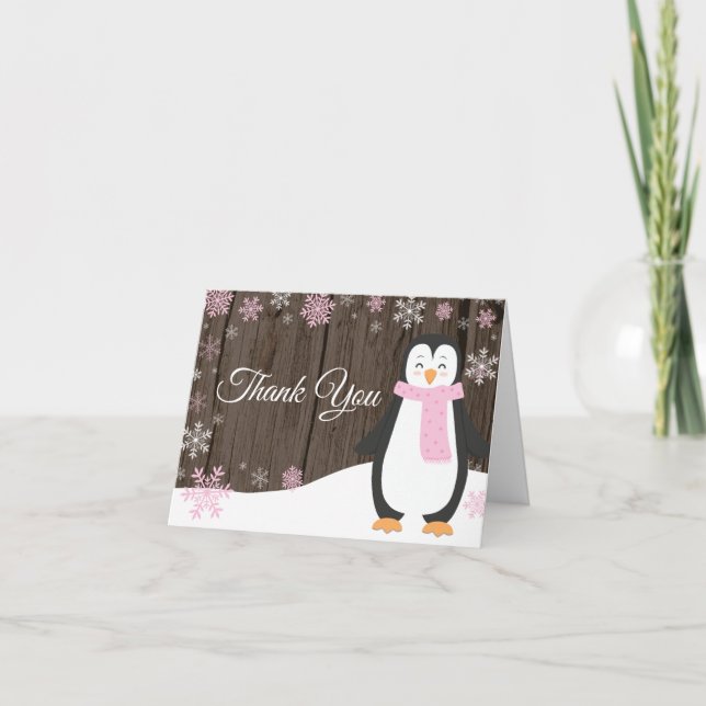 Rustic Winter Penguin Snowflake Pink Thank You Card (Front)