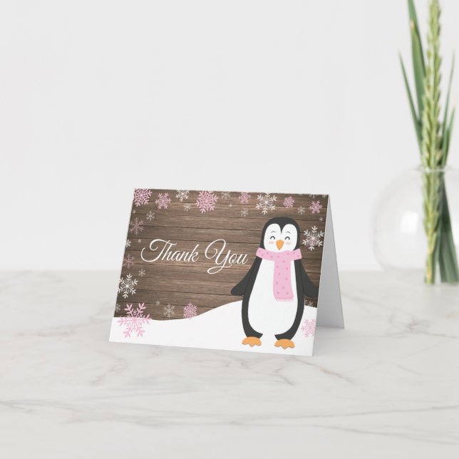 Rustic Winter Penguin Snowflake Pink Thank You Card (Front)