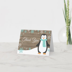 Rustic Winter Penguin Snowflake Teal Thank You Card