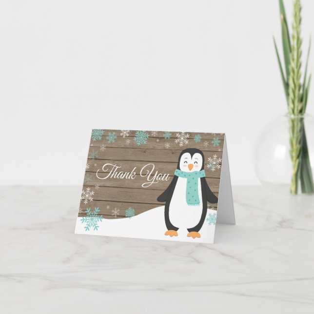Rustic Winter Penguin Snowflake Teal Thank You Card (Front)