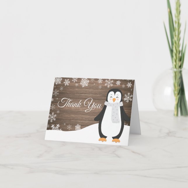 Rustic Winter Penguin Snowflake Thank You Card (Front)