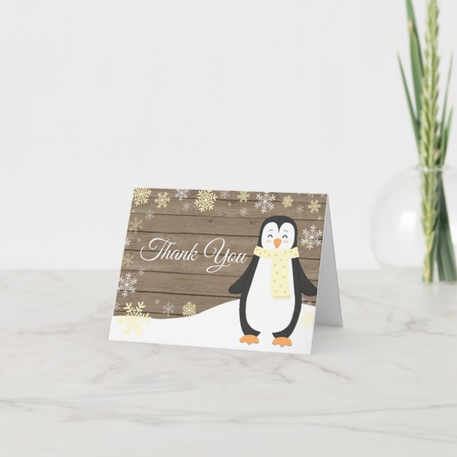 Rustic Winter Penguin Snowflake Yellow Thank You Card (Front)