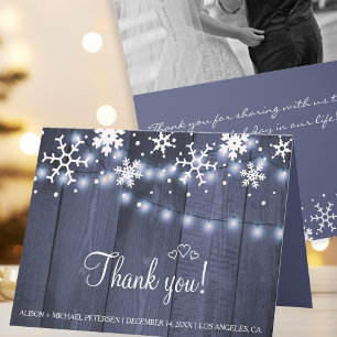 Rustic winter photo barn wood wedding thank you card