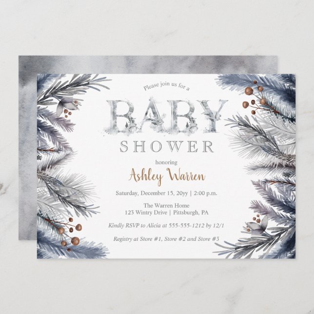 Rustic Winter Pine | Berries Floral Baby Shower Invitation (Front/Back)