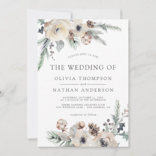 Rustic Winter Pine Botanical Floral Wedding Invitation