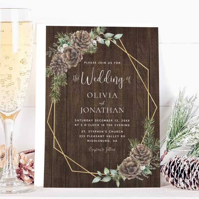 Rustic Winter Pine Cones Gold Frame Wedding Invitation (Creator Uploaded)