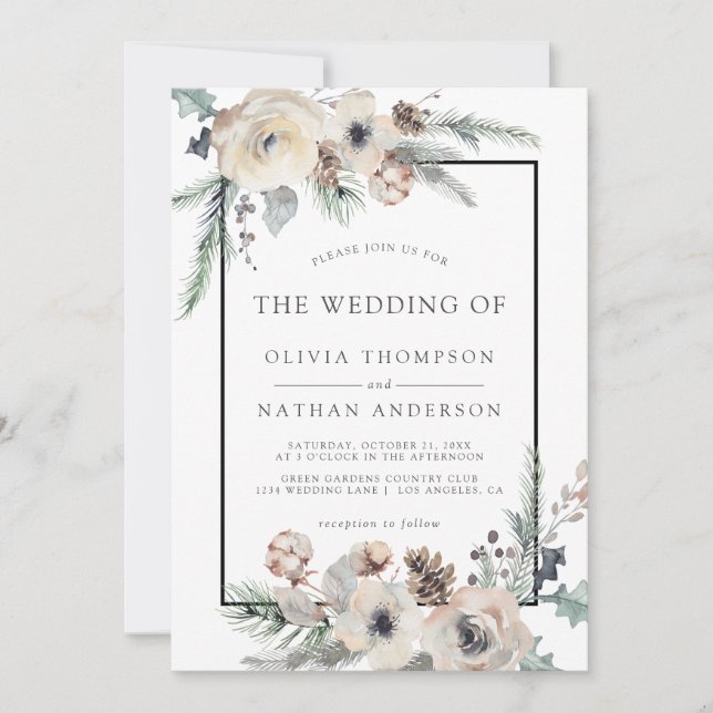 Rustic Winter Pine Floral Black Frame Wedding Invitation (Front)