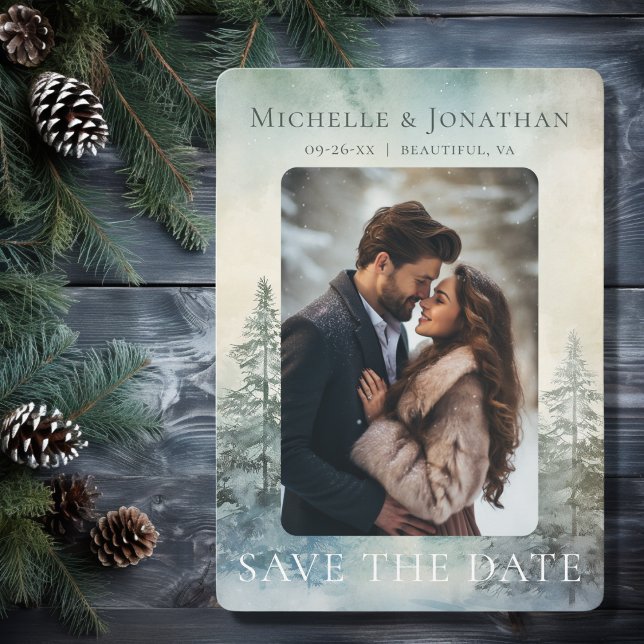 Rustic Winter Pine Forest Woodland Photo Wedding Save The Date (Front - Rustic Winter Pine Forest Woodland Photo Wedding Save The Date)