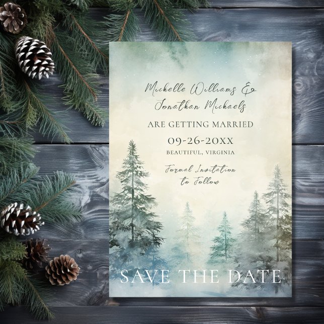 Rustic Winter Pine Forest Woodland Wedding Save The Date (Front - Rustic Winter Pine Forest Woodland Wedding Save The Date)