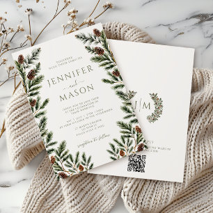 Rustic Winter Pine Tree Cones Boho Wedding QR Invitation