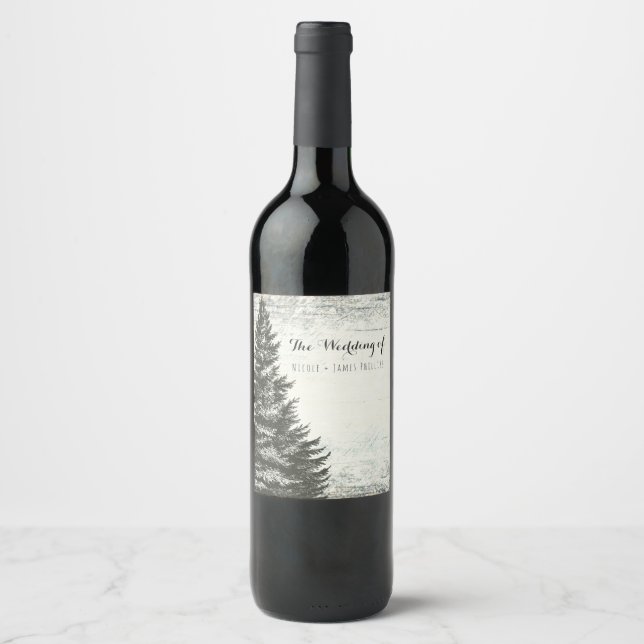 Rustic Winter Pine Tree & White Wood Wedding Wine Label (Front)