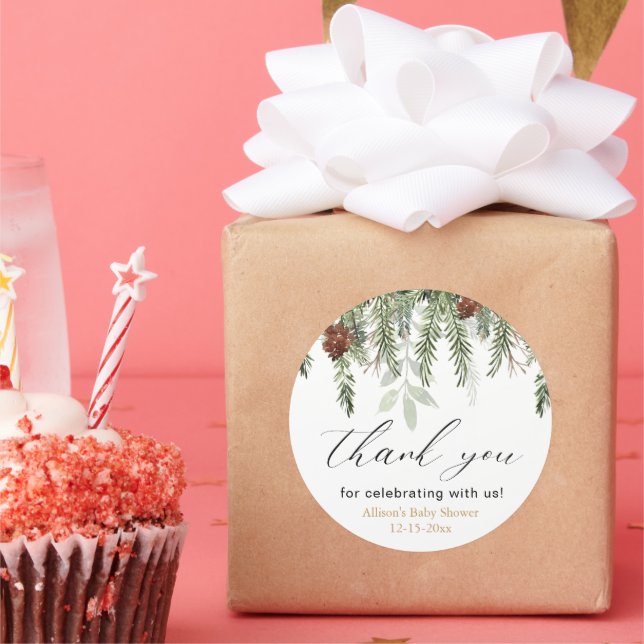 Rustic winter pine trees baby shower thank you classic round sticker (Party)