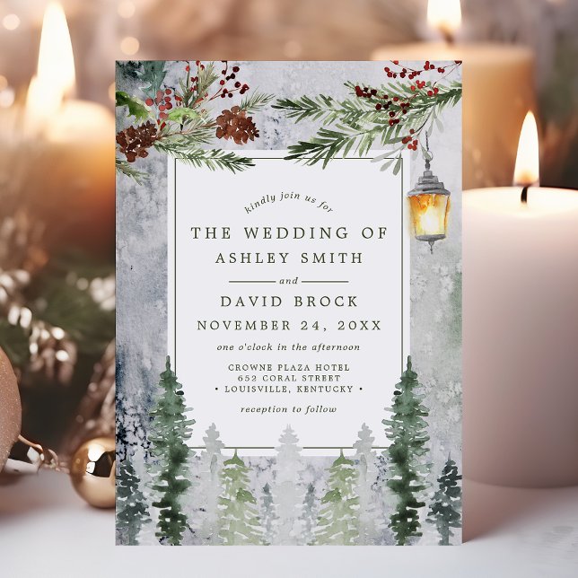 Rustic Winter Pine Trees Botanical Lantern Wedding Invitation (Creator Uploaded)