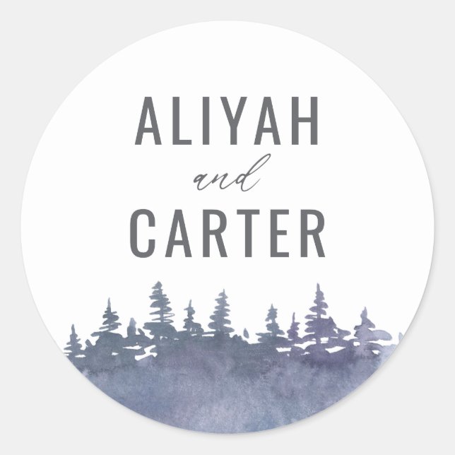 Rustic Winter Pine Trees Wedding Classic Round Sticker (Front)