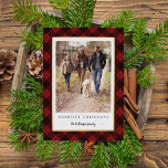 Rustic Winter Plaid Christmas Photo Foil Holiday Card<br><div class="desc">Send holiday greetings to friends and family with our rustic elegant photo cards featuring a red and black buffalo plaid pattern framing your vertical favourite photo. Personalise with two lines of custom text; shown with "Merriest Christmas" and your family name. Gold foil trim adds a luxe touch to this festive...</div>