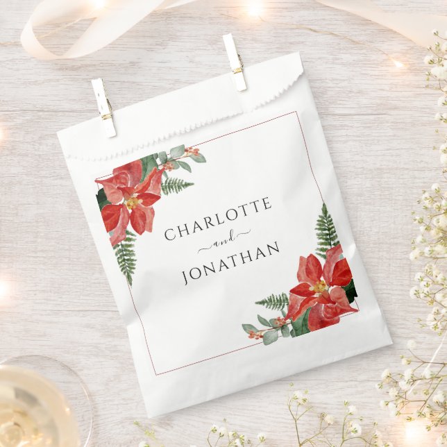 Rustic Winter Poinsettia Red Christmas Wedding Favour Bag (Clipped)