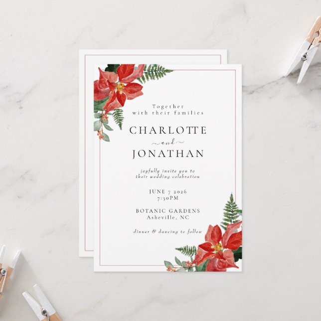 Rustic Winter Poinsettia Red Christmas Wedding Invitation (Front/Back In Situ)
