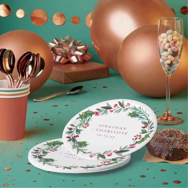 Rustic Winter Poinsettia Red Christmas Wedding Paper Plate (Multi)